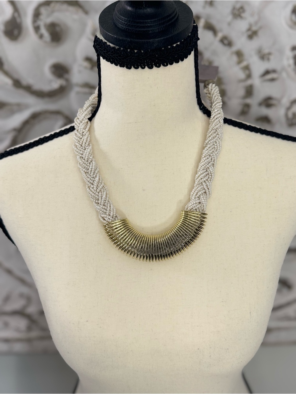 Statement Seed Bead Necklace | Braided Ivory Beads & Gold Tone Crescent Collar N